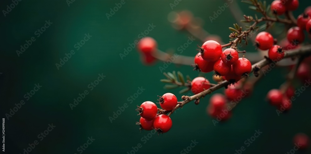 Fototapeta premium Cotoneaster in winter with bright red berries on a dark green backdrop, winter, cotoneaster, botanical