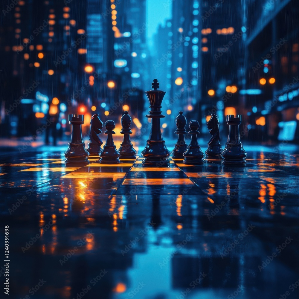 Night chess game on urban street with reflections. Night chess game on urban street with reflections.