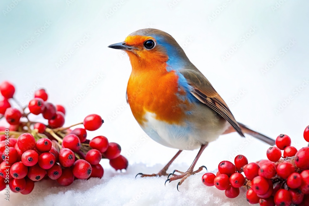 Fototapeta premium Bird with Berries, Isolated White Background - High-Resolution Aerial Stock Photo
