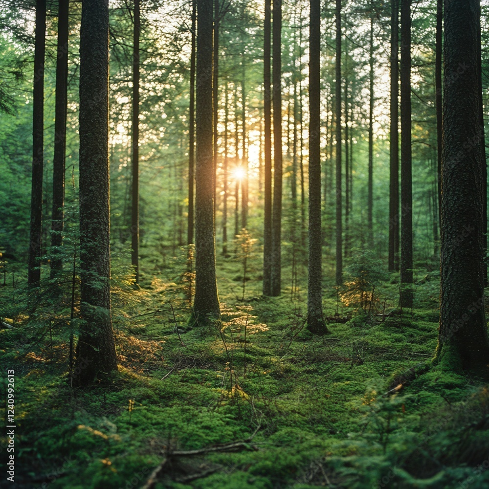 Obraz premium Sunlight filtering through tall forest trees.