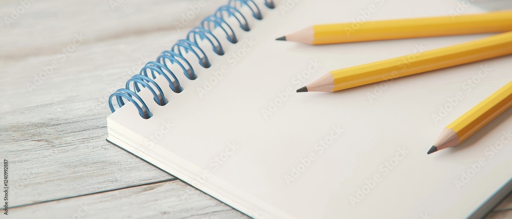 A close-up of a blank notebook with a spiral binding and three yellow pencils resting beside it on a wooden surface. A close-up of a blank notebook with a spiral binding and three yellow pencils resting beside it on a wooden surface.