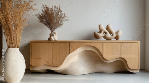 contemporary credenza with a matte wood finish, decorated with abstract sculptures and dried flowers, in a living room with light concrete flooring