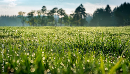 a decent shot of a moist grass discipline dotted with water drops on emerald blades timber loom within the history
