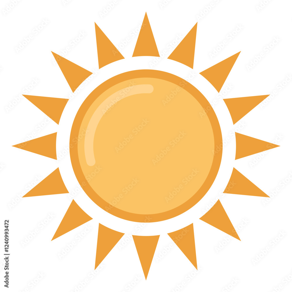 A vibrant sun vector icon radiates its warm yellow glow with pointed rays emanating from a central circle. This illustration represents sunny weather, happiness, and summertime.