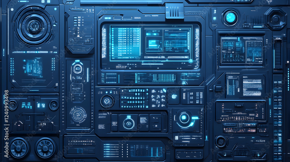 Fototapeta premium A platinum blue design featuring a combination of glowing grids and digital interfaces, ideal for tech-inspired art.