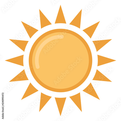 A vibrant sun vector icon radiates its warm yellow glow with pointed rays emanating from a central circle. This illustration represents sunny weather, happiness, and summertime.