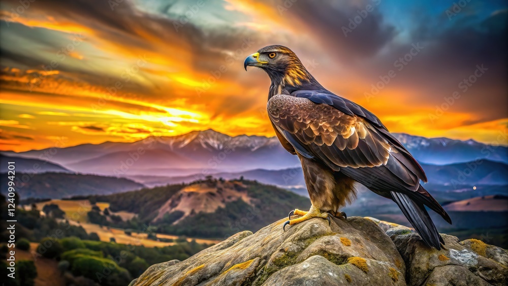 Fototapeta premium A golden eagle, majestic and silhouetted, captures Avila mountaintop in long exposure photography.