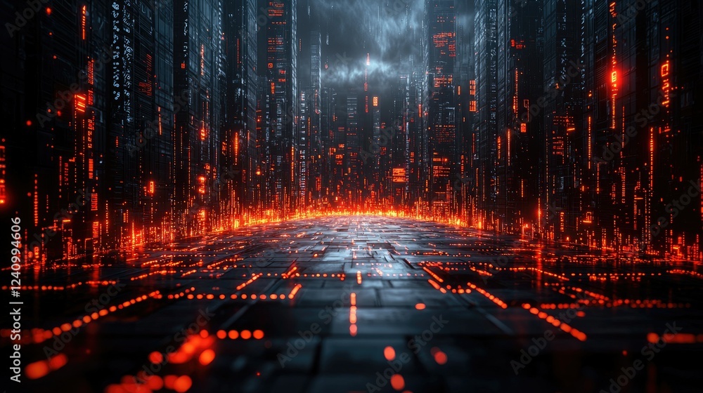 Fototapeta premium Futuristic Cityscape Illuminated With Orange Digital Lines