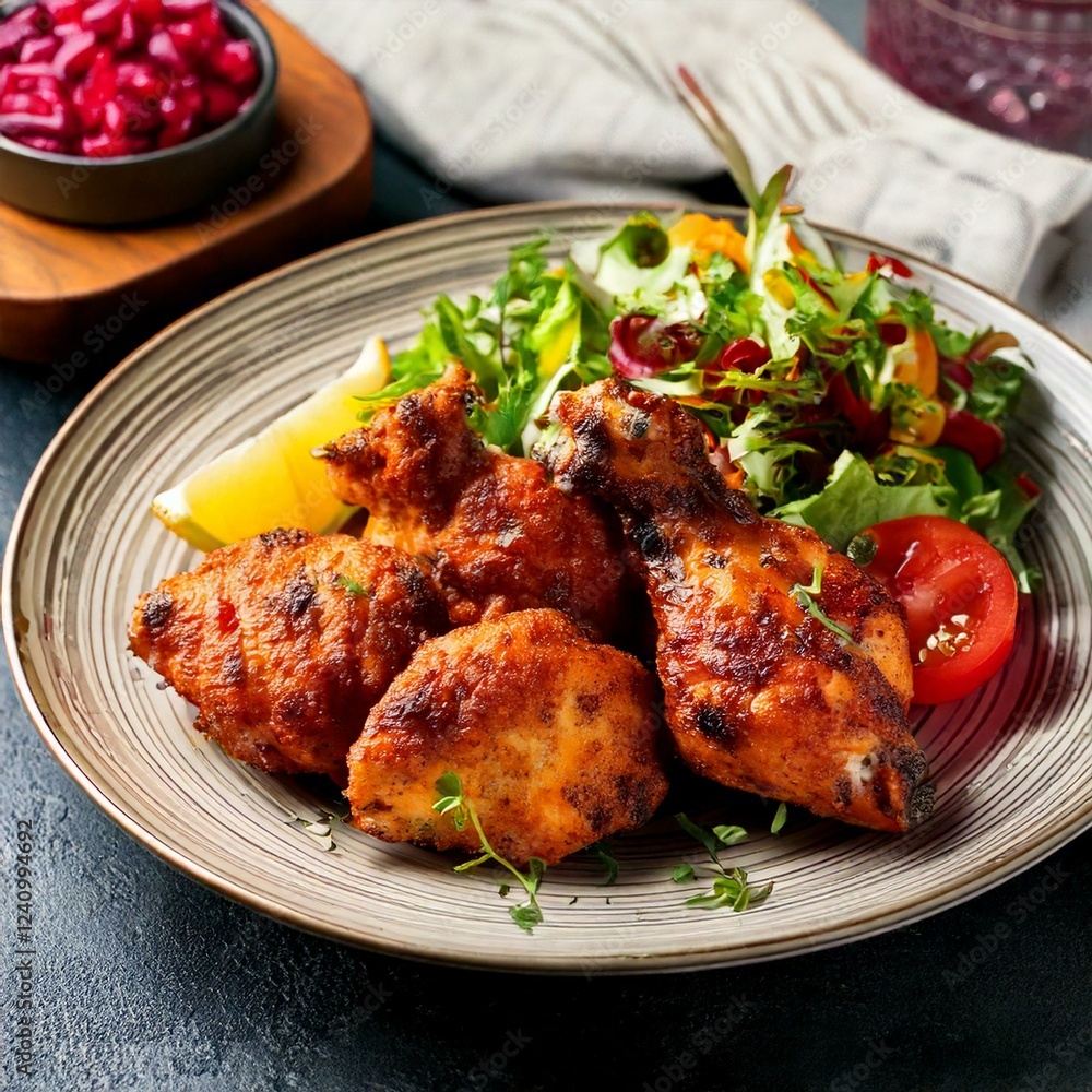 Chicken Tikka BBQ with skewers, flavorful sauce, and naan bread, cooked to perfection in a smoky barbecue setting. Chicken Tikka BBQ with skewers, flavorful sauce, and naan bread, cooked to perfection in a smoky barbecue setting.