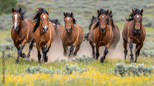 Wild horses galloping across a field, wildflowers, Montana