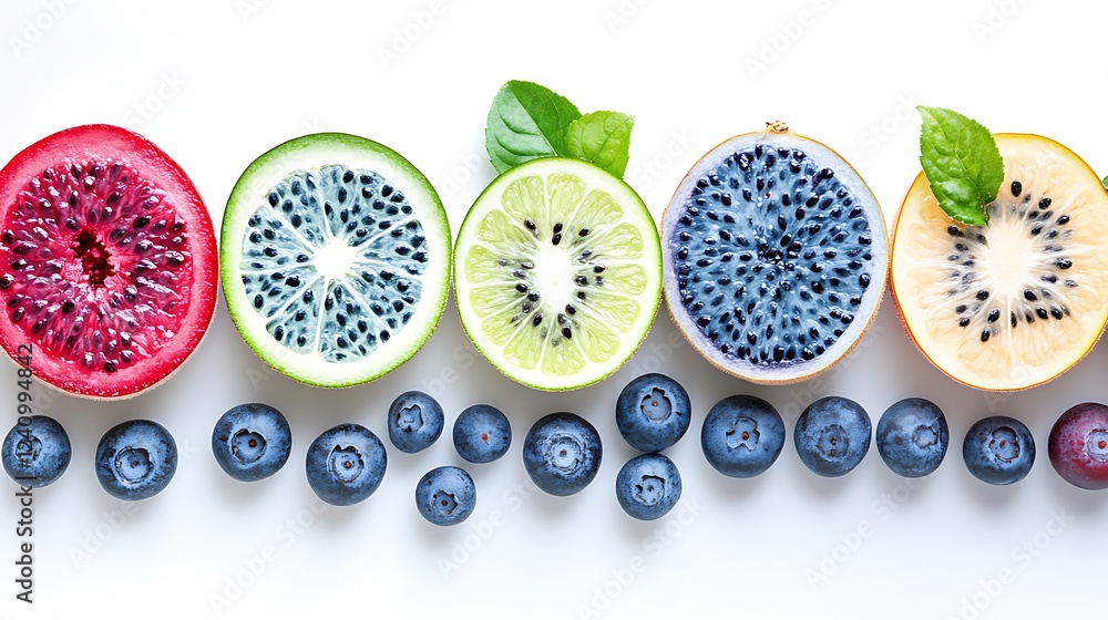 Vibrant Rainbow Fruit Slices with Blueberries Healthy Food Photography Vibrant Rainbow Fruit Slices with Blueberries Healthy Food Photography