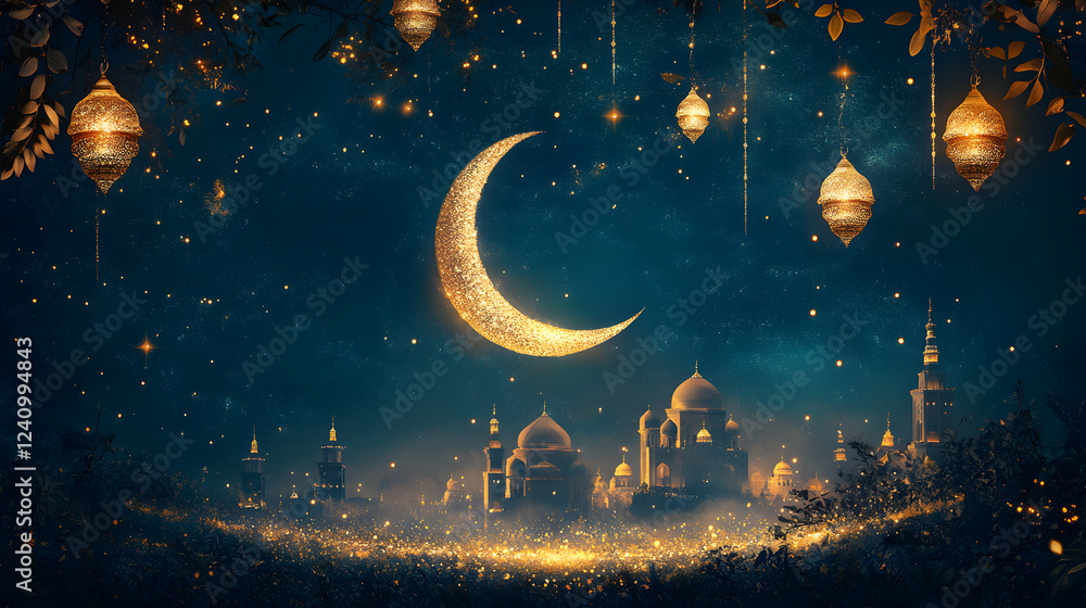 Golden crescent moon with intricate floral details glowing against a deep blue starry night sky. Luxurious Islamic-themed artwork 