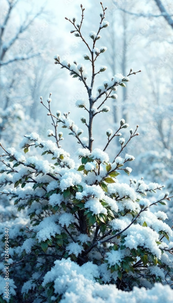 Twig and leaves covered by the layer of fresh white snow, frozen, peaceful, natural Twig and leaves covered by the layer of fresh white snow, frozen, peaceful, natural
