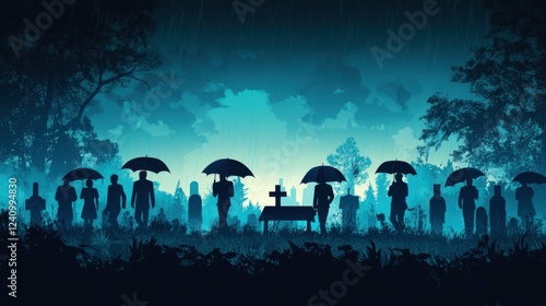 Silhouettes of mourners with umbrellas in rainy cemetery funeral procession photo