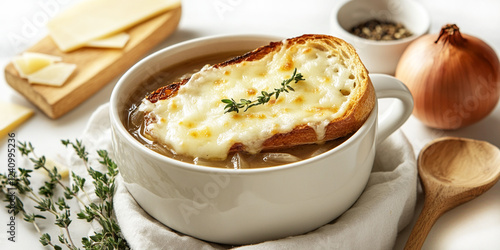 A bowl of delicious french onion soup with cheese and toasted baguette