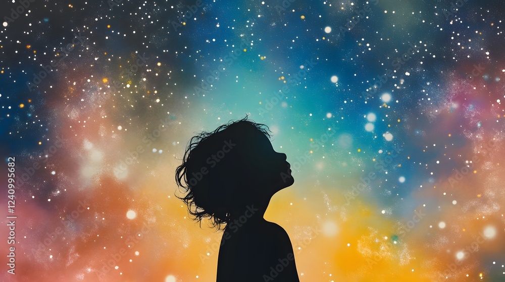 Child Wondering at the Cosmos: A child's silhouette, head tilted back in awe, gazes at a vibrant, colorful nebula, symbolizing dreams, wonder, and the vastness of the universe. Child Wondering at the Cosmos: A child's silhouette, head tilted back in awe, gazes at a vibrant, colorful nebula, symbolizing dreams, wonder, and the vastness of the universe.