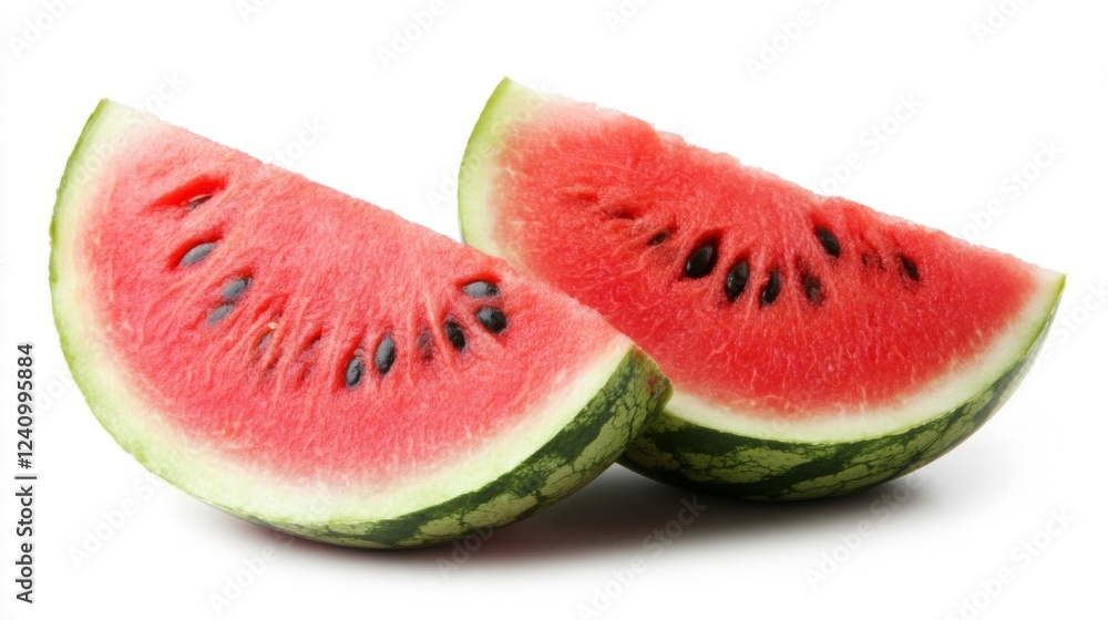 Two Slices Of Juicy Red Watermelon On White Background Two Slices Of Juicy Red Watermelon On White Background