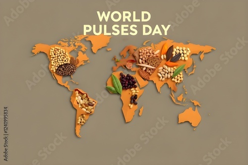 Creative art of pulses arranged on a world map, symbolizing global nutrition, sustainability, and food security.  Importance of legumes like lentils, beans, chickpeas in promoting healthy diets  photo