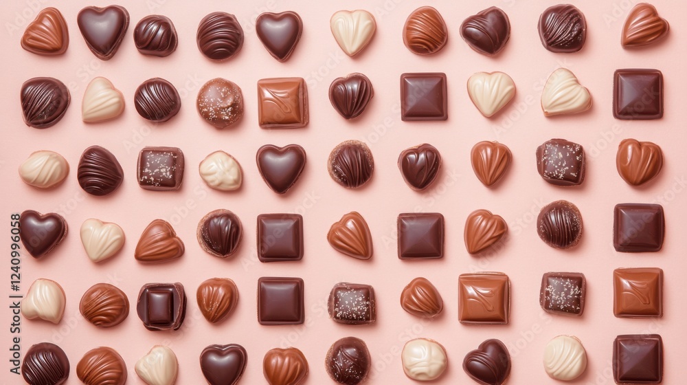 Fototapeta premium A Symphony of Hearts: A Delightful Collection of Exquisite Chocolate Hearts, Beautifully Displayed on a Pastel Pink Surface, Creating a Scene of Pure Romance and Sweet Indulgence