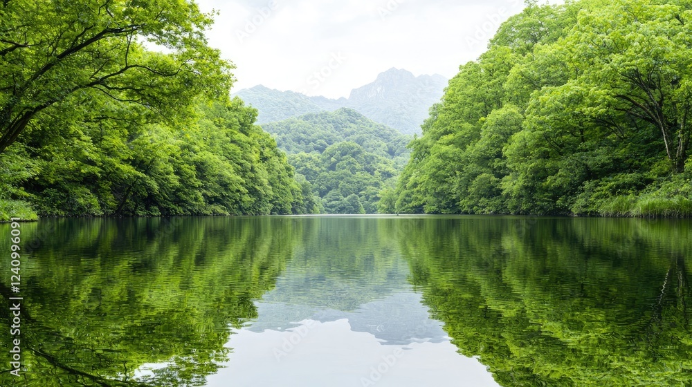Serene lake reflecting lush green hills, tranquil nature scene, perfect for travel brochures Serene lake reflecting lush green hills, tranquil nature scene, perfect for travel brochures