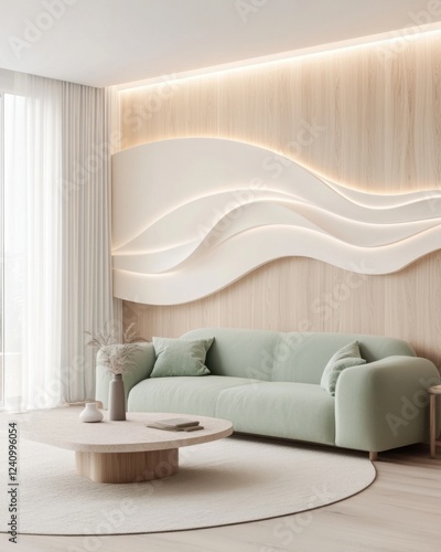 Wallpaper Mural Minimalist Scandinavian living room, pastel mint green sofa, soft oak paneled accent wall with sculptural wave LED lighting, floating travertine coffee Torontodigital.ca