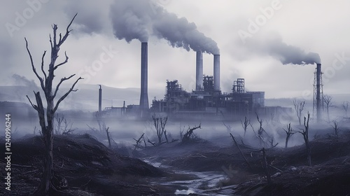 Apocalyptic Industrial Landscape: A desolate, post-industrial scene unfolds, shrouded in a heavy fog and punctuated by skeletal trees and billowing smoke from factory chimneys. photo