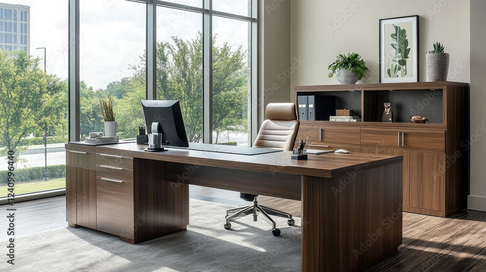 Fototapeta premium Professional workspace with a sleek desk, stylish accents, and expansive windows providing ample natural light.