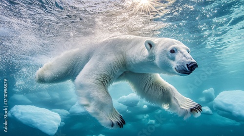 Polar Bear Gliding Effortlessly Through Clear Icy Waters of Arctic Ocean with Sunlight Piercing Through Ice