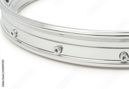Closeup view of a shiny drum hoop, showcasing intricate detailing and a smooth finish against a plain white background. The hoop's metallic sheen