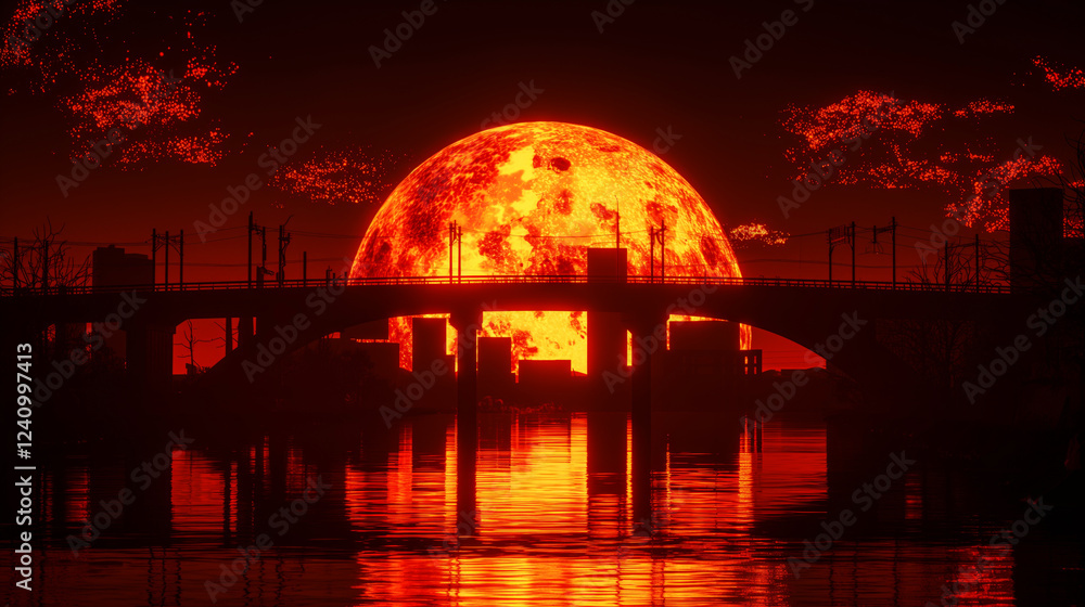 Fototapeta premium Dramatic explosion creates fiery glow over city skyline at dusk