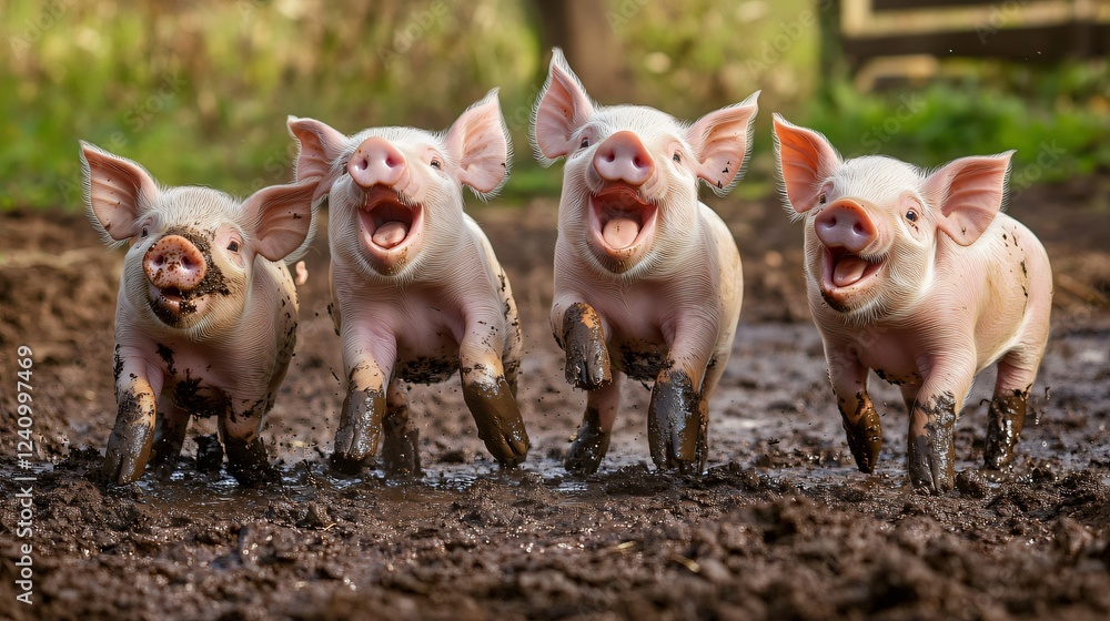 Group Photo of Playful Adorable Piglets in Farmyard Rolling in Mud and Interacting Happily Group Photo of Playful Adorable Piglets in Farmyard Rolling in Mud and Interacting Happily