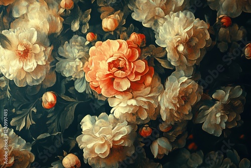 Opulent floral arrangement in warm hues.