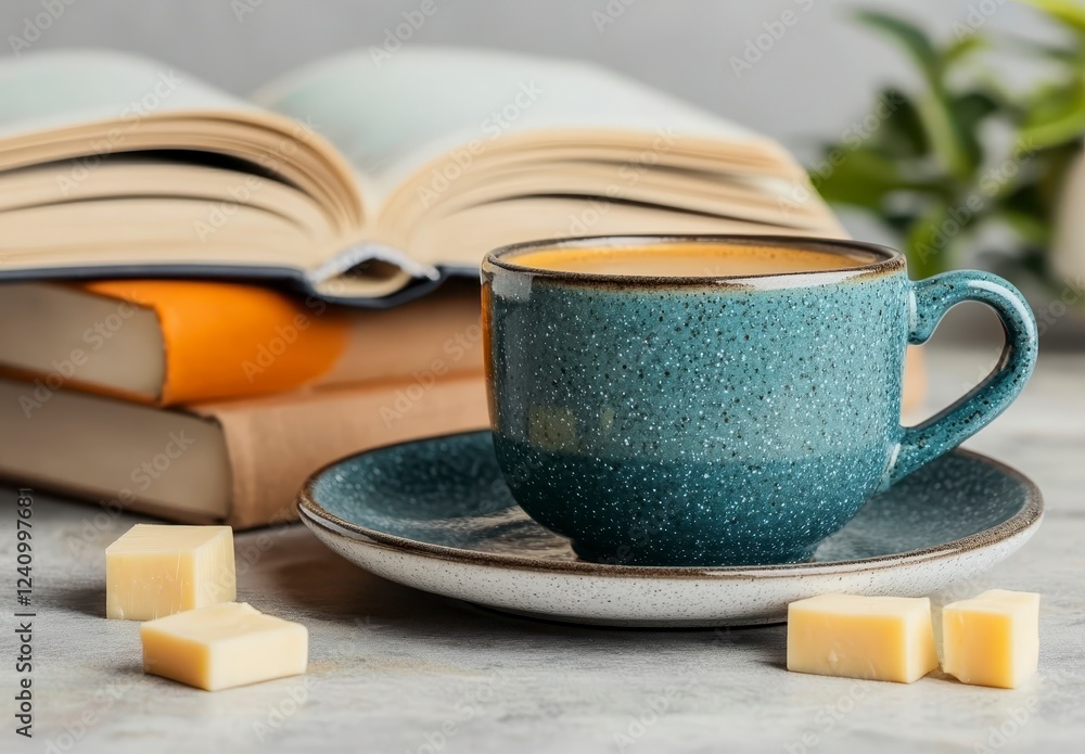 Closeup of a stack of books, a cup of coffee, and white chocolate squares on a light gray surface. The coffee cup is a muted blue gray color with a Closeup of a stack of books, a cup of coffee, and white chocolate squares on a light gray surface. The coffee cup is a muted blue gray color with a