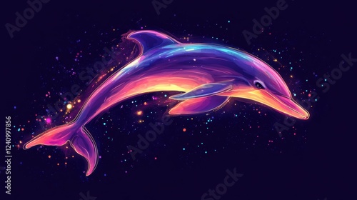 Vibrant neon dolphin illustration with cosmic background photo