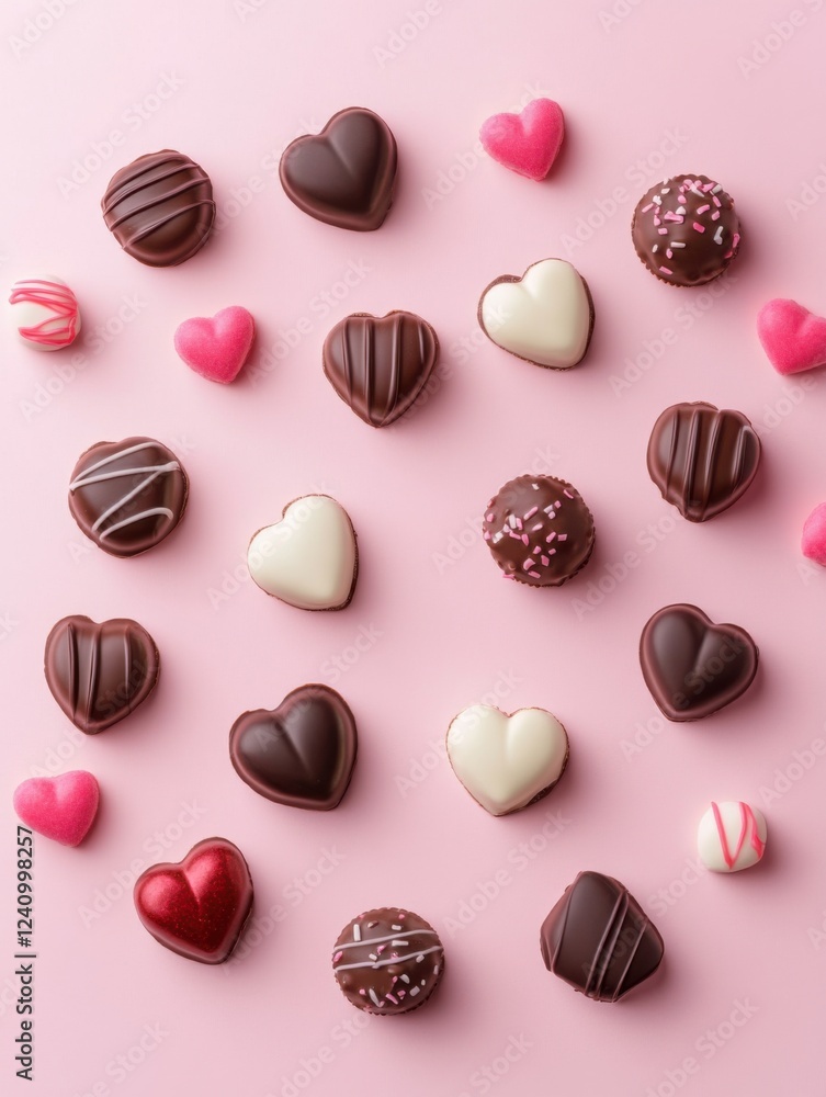 A Symphony of Hearts: A Delightful Collection of Exquisite Chocolate Hearts, Beautifully Displayed on a Pastel Pink Surface, Creating a Scene of Pure Romance and Sweet Indulgence A Symphony of Hearts: A Delightful Collection of Exquisite Chocolate Hearts, Beautifully Displayed on a Pastel Pink Surface, Creating a Scene of Pure Romance and Sweet Indulgence