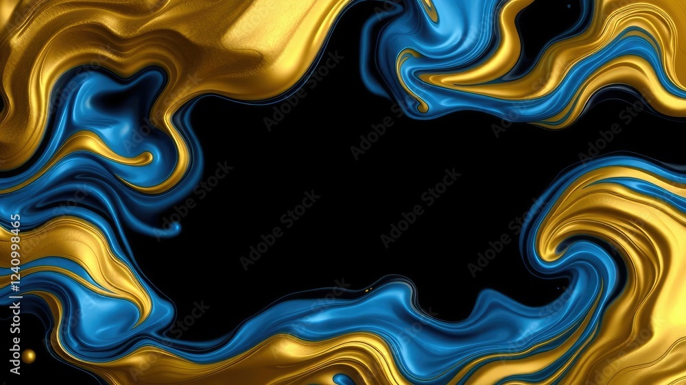 Obraz premium Swirling blue and gold liquid patterns on a dark background, abstract design, blue tones