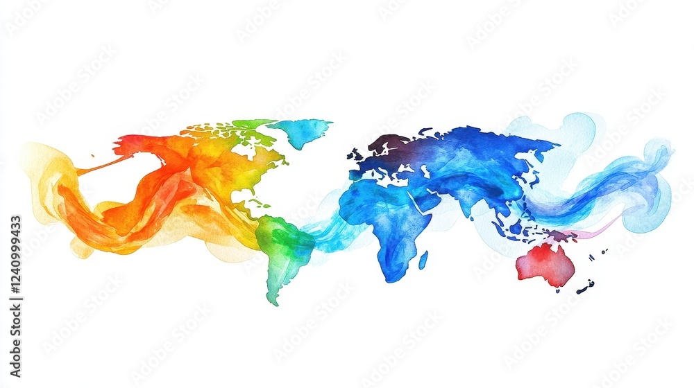 Obraz premium Vibrant watercolor illustration of a global investment network, financial connections intertwining between continents, glowing digital economy links, dynamic flow. 