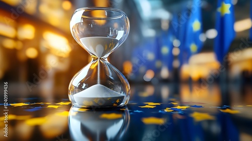 Time Running Out: An hourglass, symbolizing the passage of time, sits in the foreground with a blurred background of EU flags, creating a compelling visual metaphor for deadlines, decisions.