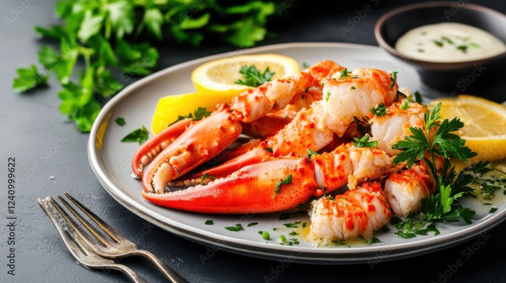 Freshly Cooked Lobster Claws with Lemon and Herbs on Plate Freshly Cooked Lobster Claws with Lemon and Herbs on Plate
