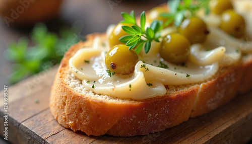 A slice of rustic bread topped with creamy lard spread and pickled green olives, garnished with fresh herbs. photo