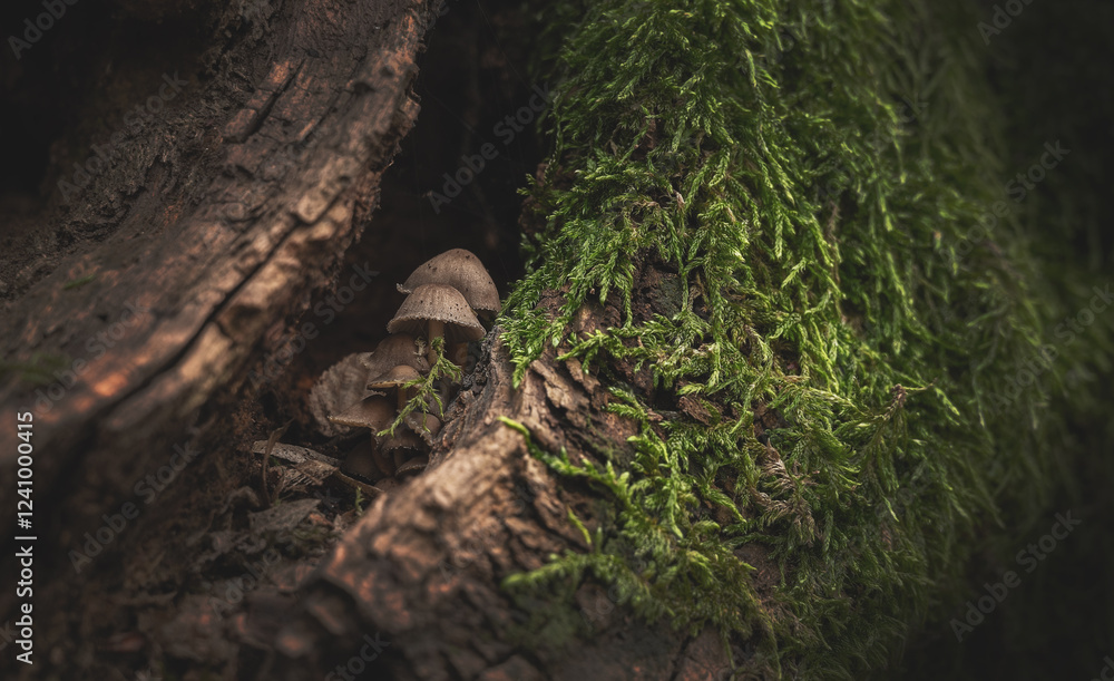 Fototapeta premium Fantastic world of nature. small mushrooms on the background of moss
