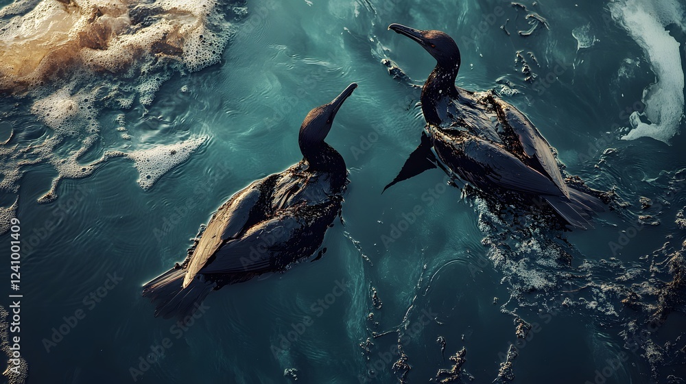 Obraz premium Oil Spill Tragedy: A stark and poignant image of three seabirds coated in thick oil, struggling to survive in a polluted ocean.