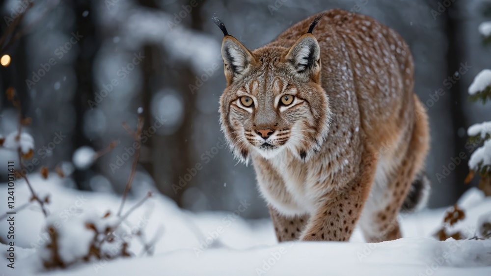 Fototapeta premium Majestic lynx prowling through a snowy forest, showcasing its alertness amidst falling snowflakes