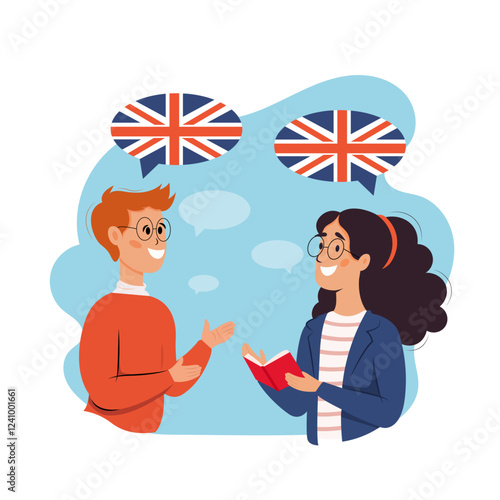 Language learning concept. English courses in language school. Learning language with native speaker. Global communication idea. Vector illustration cartoon style.