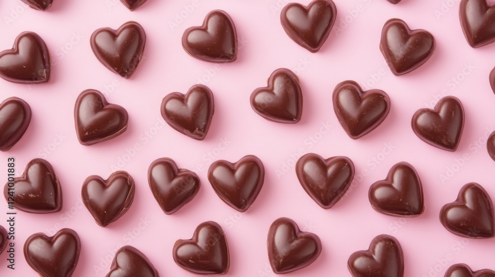 Fototapeta premium A Symphony of Hearts: A Delightful Collection of Exquisite Chocolate Hearts, Beautifully Displayed on a Pastel Pink Surface, Creating a Scene of Pure Romance and Sweet Indulgence