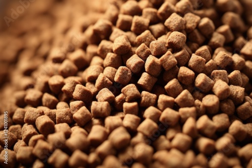 Closeup of Dry Pet Food - Brown Kibble Meal for Cats and Dogs in Scoop. Animal Nutrition and Diet Concept