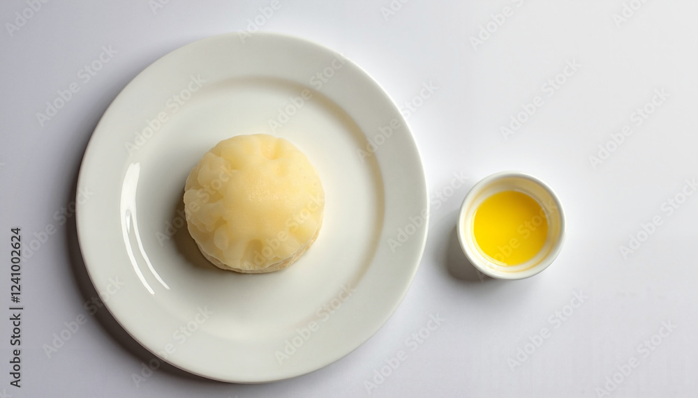 A single serving of Filipino puto, a traditional steamed rice cake, placed on a clean white plate with a minimalist background. A single serving of Filipino puto, a traditional steamed rice cake, placed on a clean white plate with a minimalist background.