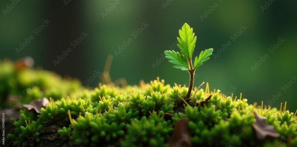 Fototapeta premium tiny pine sapling poking through moss covered logs, green, pine, sprout