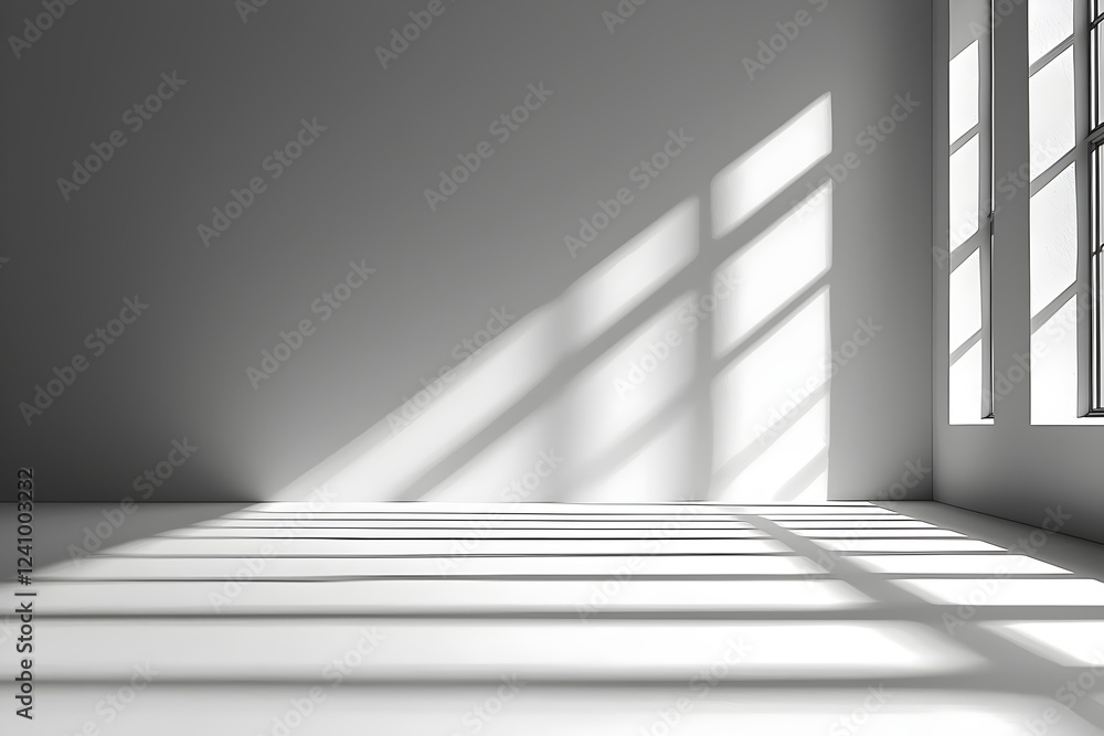 Obraz premium A minimalist interior scene featuring a bright room with soft shadows created by sunlight filtering through large windows. The space evokes a calm and serene atmosphere.
