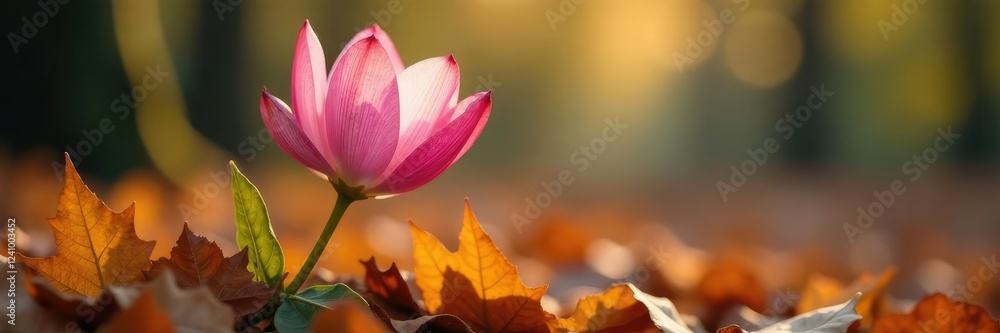 Delicate pink petals unfolding on a stem amidst fallen leaves, autumn colors, Delicate pink petals unfolding on a stem amidst fallen leaves, autumn colors,